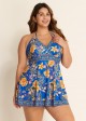 Curvy Blue Floral Double Straps Halter V Neck Swim Dress Swimdress Top
