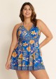 Curvy Blue Floral Double Straps Halter V Neck Swim Dress Swimdress Top