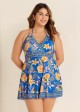 Curvy Blue Floral Double Straps Halter V Neck Swim Dress Swimdress Top