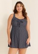 Women's Black Polka Dot Tie Front Modest One Piece Swimdress