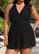 Black V Neck Mesh Fashion Plus Size One Piece Swimdress