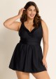 Black Plus Size Solid Color V Neck Ruffle One Piece Swimdress