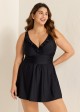 Black Plus Size Solid Color V Neck Ruffle One Piece Swimdress