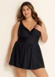 Black Plus Size Solid Color V Neck Ruffle One Piece Swimdress