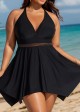 Black Plus Size V Neck Lace Mesh One Piece Swimdress