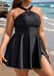 Black Hollow Side Slit Fashion One Piece Swimdress