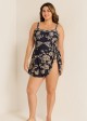 Black Floral Side Tie Plus Size  Swimsuit One Piece Swimdress