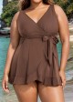 Brown Wrap Side Tie With Brief Swim Skirts For Women Two Pieces Swimdress Set