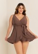 Brown Wrap Side Tie With Brief Swim Skirts For Women Two Pieces Swimdress Set