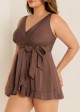 Brown Wrap Side Tie With Brief Swim Skirts For Women Two Pieces Swimdress Set