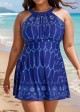 Curvy Navy High Neck Line Flowers Fashion Swim Dress  Swimdress Set