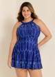 Curvy Navy High Neck Line Flowers Fashion Swim Dress  Swimdress Set