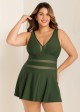 Green V Neck Mesh Swim Skirts For Women One Piece Swimdress