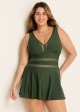 Green V Neck Mesh Swim Skirts For Women One Piece Swimdress
