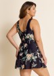 Black Floral Wrap Side Tie Plus Size Swim Skirts For Women One Piece Swimdress