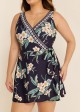 Black Floral Wrap Side Tie Plus Size Swim Skirts For Women One Piece Swimdress
