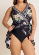Black Floral Wrap Side Tie Plus Size Swim Skirts For Women One Piece Swimdress