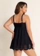 Plus Size Black Laser Cut Ruched Drawstring Swim Skirts For Women One Piece Swimdress