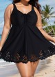 Plus Size Black Laser Cut Ruched Drawstring Swim Skirts For Women One Piece Swimdress