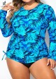 Plus Size Side Tie Adjustable Long Sleeve Rash Guard Tankini Top