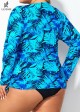Plus Size Side Tie Adjustable Long Sleeve Rash Guard Tankini Top