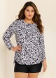 White Round Neck Long Sleeve Floral Printed Side Tie Plus Size Tankini Top