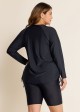Plus Size Black Long Sleeve Drawstring Women's Swimsuit Tankini Top