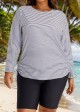 Plus Size Black Stripe Long Sleeve Drawstring Women's Swimsuit Tankini Top