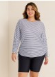 Plus Size Black Stripe Long Sleeve Drawstring Women's Swimsuit Tankini Top