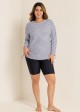 Plus Size Black Stripe Long Sleeve Drawstring Women's Swimsuit Tankini Top