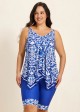 Plus Size Blue Floral Print Flowy Asymmetrical Hem Swimsuit Two Piece Long Tankini Set