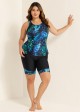 Women Plus Size Plants Print Scoop Neck Stretch Rash Guard Tankini Set