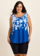 Blue Floral Modest Padded Wide Strap Loose Fit Curvy Women's Swimsuit Long Tankini Top