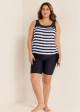 Plus Size Black And White Striped Print Sports Tankini Top