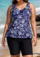 Plus Size Navy Floral Drawstring Swimsuit And Swimwear Tankini Top