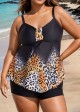 Fashionable Leopard Print V Neck Ruched Front Tankini Top