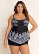 Black Paisley Print Color Block V Neck Women Plus Size Swimsuit Tankini Top