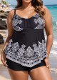 Black Paisley Print Color Block V Neck Women Plus Size Swimsuit Tankini Top
