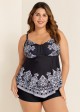 Black Paisley Print Color Block V Neck Women Plus Size Swimsuit Tankini Top