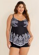 Black Paisley Print Color Block V Neck Women Plus Size Swimsuit Tankini Top