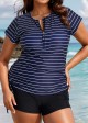 Plus Size Zip Front Striped Short Sleeves Rash Guard Tankini Top