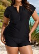 Black Plus Size Zip Front Short Sleeve Side Drawstring Tankini Top