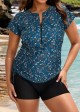 Plus Size Green Floral Short Sleeve Swimwear Bathing Suits Tankini Top