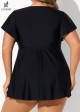 Black Tie Front Ruffled Flowy Short Sleeves Tankini Top