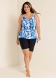 Blue Tie-Dye Irregular Pattern Blouson Tankini Top with Side Tie