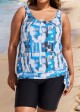 Blue Tie-Dye Irregular Pattern Blouson Tankini Top with Side Tie