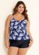 Navy Blue Leaf Print Layered Style Tankini Top