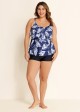 Navy Blue Leaf Print Layered Style Tankini Top