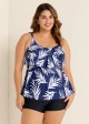Navy Blue Leaf Print Layered Style Tankini Top