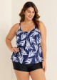 Navy Blue Leaf Print Layered Style Tankini Top